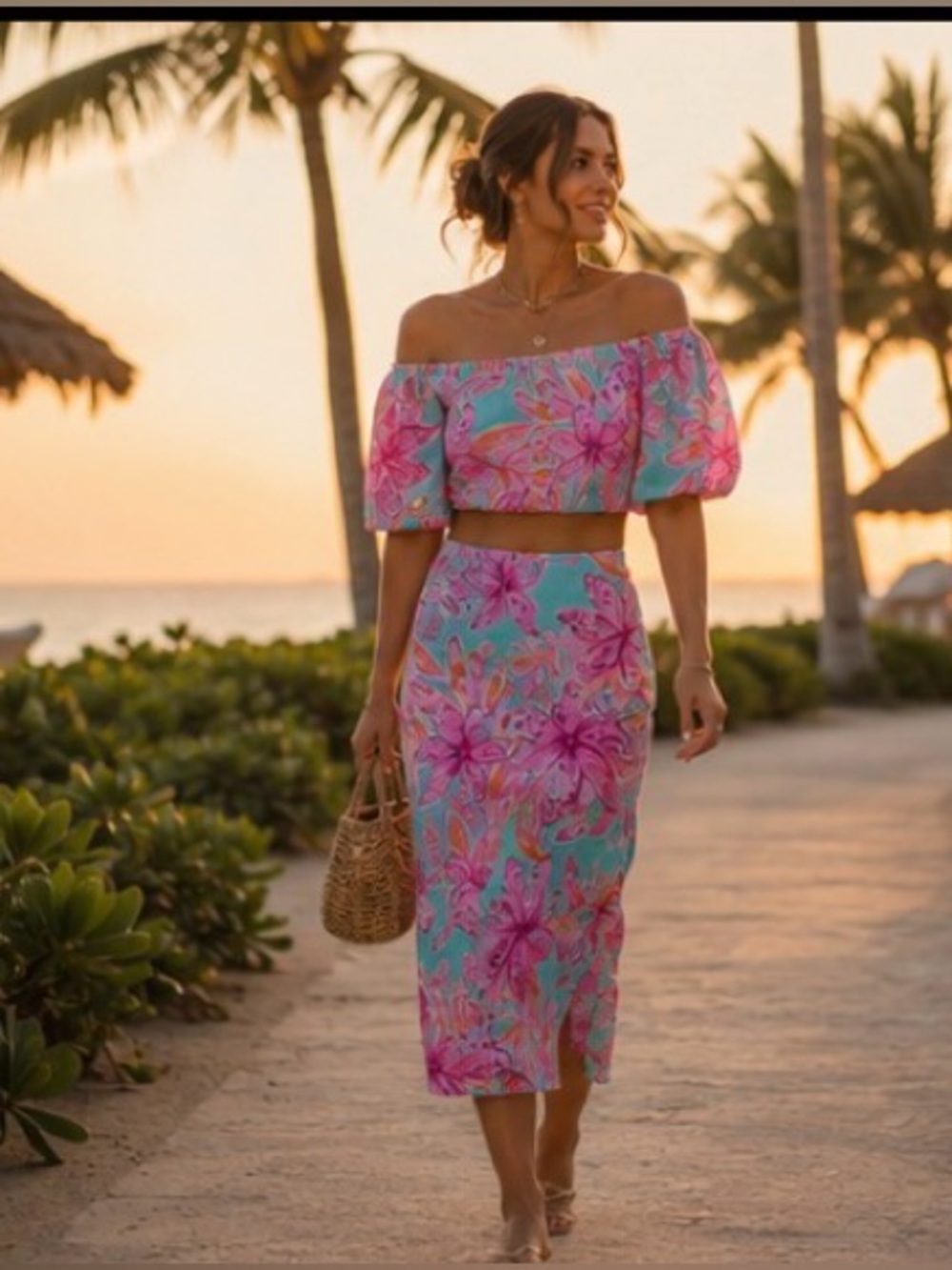 Lilly Pulitzer Esmeray Crop Top & Midi Skirt Set Surf Blue Bonita Blooms Resort - Picture 6 of 16